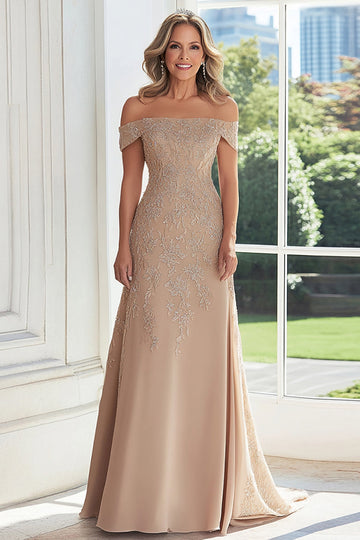 Dentelle taupe applique fourreau épaule dénudée Robe mère de la mariée